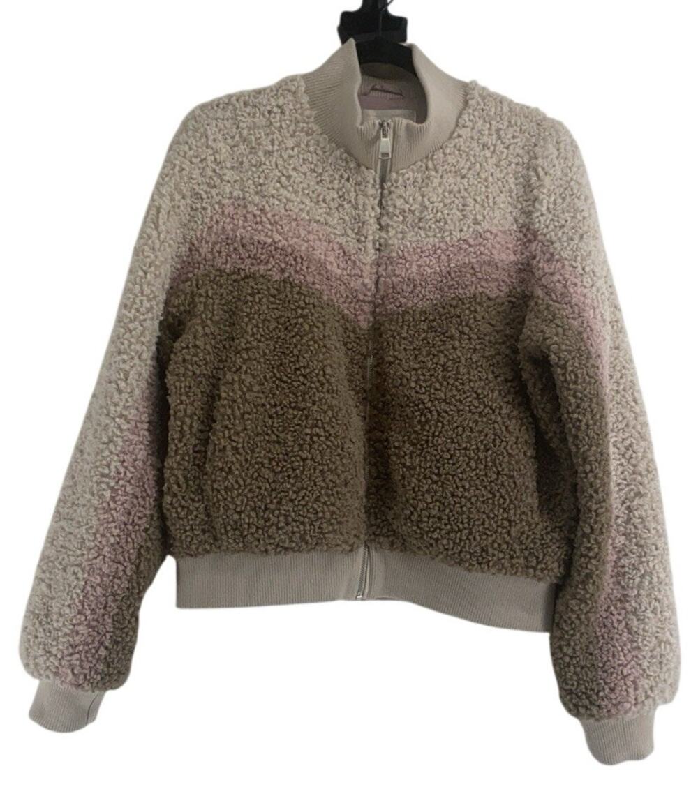 Spiritual Gangster Striped Bomber Jacket Pink Brown Womens M Teddy Bear Cozy